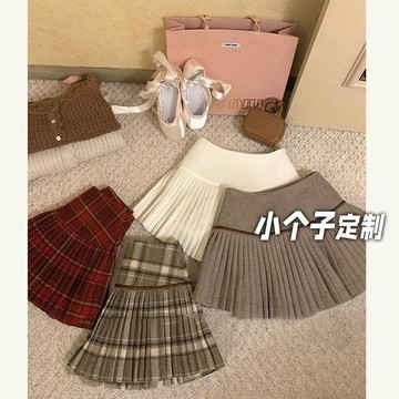 【小個子】145cm 小個子穿搭 韓版毛呢百褶半身裙女 秋冬 學院風 小個子 高腰A字短裙 百褶裙 顯高 防走光半身裙