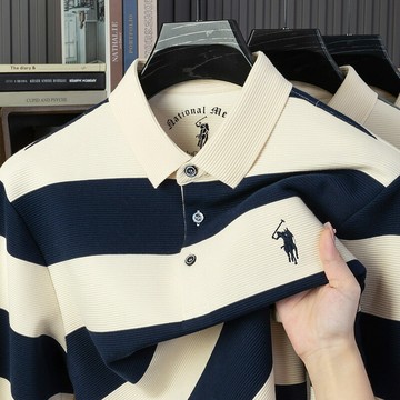 【新款熱賣】直播高端精品刺繡馬標翻領潮男士長袖T恤條紋撞色POLO衫青年