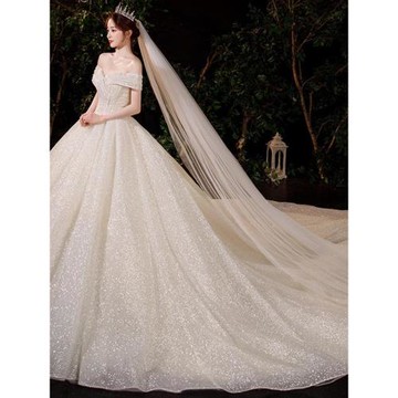 一字肩主婚紗新娘2025新款大拖尾重工婚禮高端高級質感小個子主紗