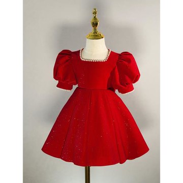 一周歲禮服女寶生日宴紅色國風鋼琴輕奢演出服平時可穿公主裙高定