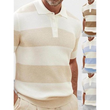 2023新款拼色短袖翻領針織T恤肌肉男士大碼polo衫潮Men's T-S