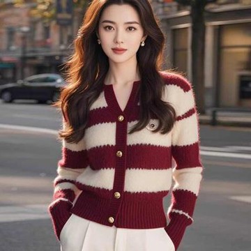 初色 條紋撞色V領毛衣長袖針織開衫上衣女上衣-紅白條紋-39198(F可選)