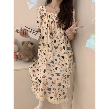 可愛短袖公主風睡裙女夏季純棉甜美卡通網紅睡衣女款家居服連衣裙