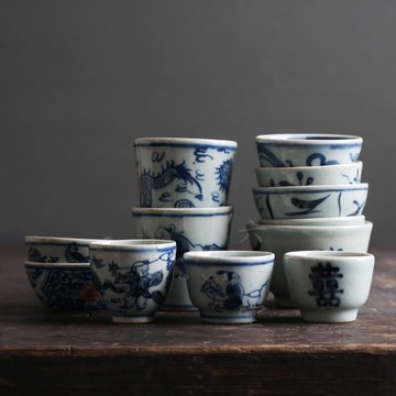 六合堂景德鎮民窯青花仿古茶杯 老茶杯茶具陶瓷手繪杯品茶小杯