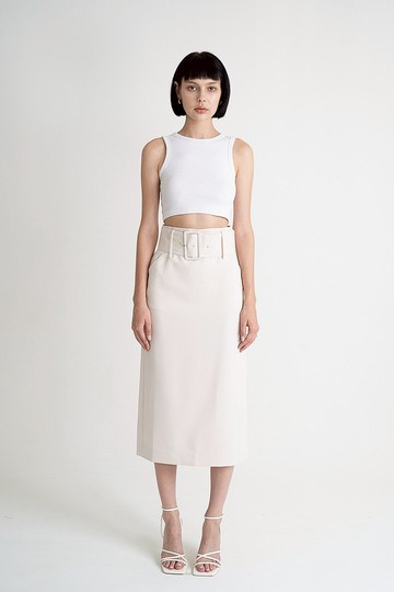 High Waist Pencil Skirt - White | 寬腰帶開衩高腰窄裙 - 奶白