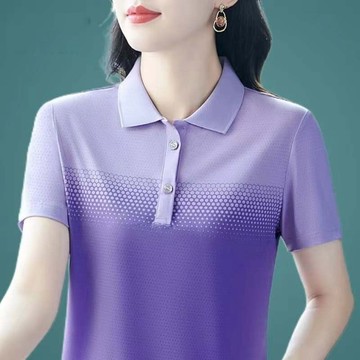 冰絲翻領POLO衫 上衣 POLO衫 短袖夏裝 時尚氣質媽媽polo衫印花上衣 日韓服飾 中年媽媽裝 夏季啊麼衣服