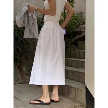 韓國NOTHINGWRITTEN白色半身裙女夏拼接顯瘦高腰氣質優雅百褶傘裙