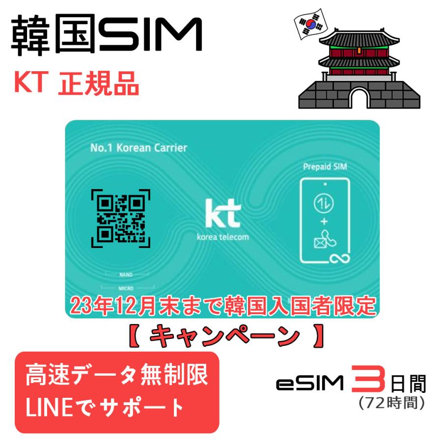 韓国SIMカード【eSIM】 3日間 データ無制限 データ専用 KT正規品 有効