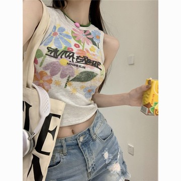 純棉多巴胺涂鴉吊帶工字背心女外穿辣妹美式短款無袖運動上衣夏季新款【聚宝屋】
