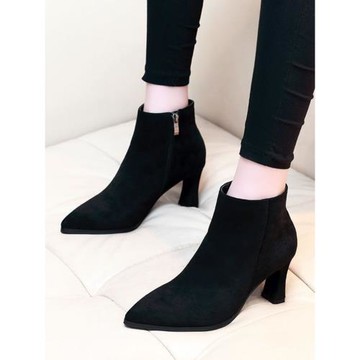 真皮磨砂細跟女中高跟鞋子2025秋冬加絨面新款氣質粗跟瘦馬丁短靴