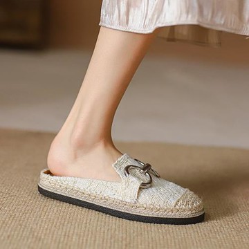 軟底舒適包頭半拖鞋女夏季2024新款亞麻透氣厚底涼拖鞋外穿漁夫鞋
