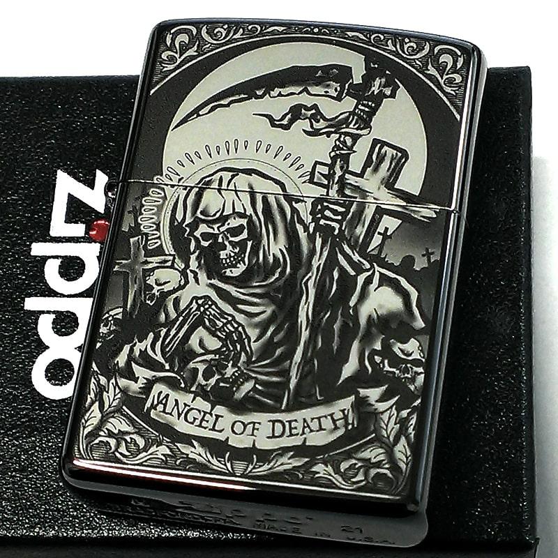 ZIPPO 死神 細密レーザー彫刻 ジッポ ライター かっこいい ブラックニッケル メンズ ジッポー 御守り 渋い