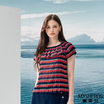 【MYSHEROS蜜雪兒】伸縮領邊拼接顯瘦側開岔上衣-紅