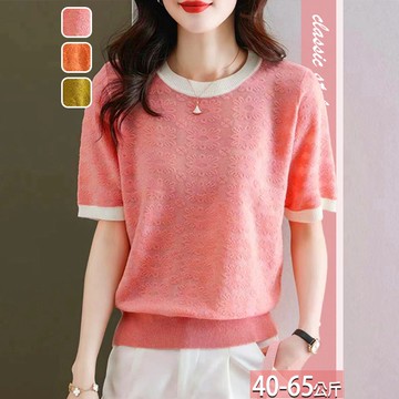 針織圓領滿版緹花撞色上衣(3色) F【155672X】【現+預】☆流行前線☆