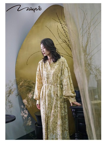 Mauve Studio氣質溫柔長裙新款顯白黃色扎染印花寬松連衣裙