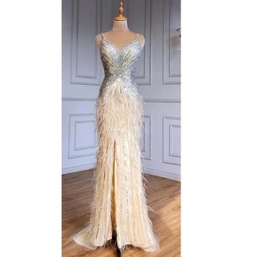 【女婚紗禮服】高端氣場女王晚禮服羽毛高貴氣質輕奢名媛宴會年會主持人LA70623