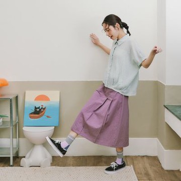 【Dailo】針織配色拼接丹寧感百褶六分裙 紫 咖