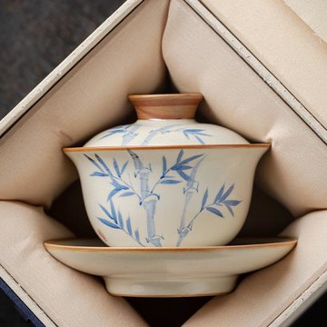 米黃汝窯三才蓋碗隨意懸停茶杯竹子單個高檔家用泡茶碗功夫陶瓷具