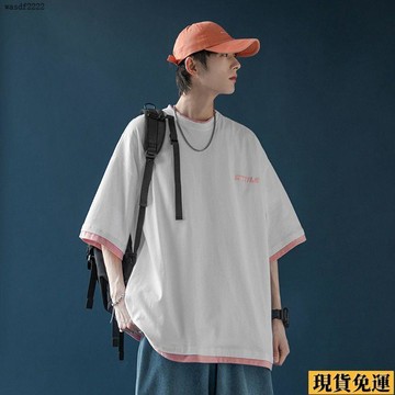✨臺灣發✨   短袖  T恤男潮牌寬鬆2021 夏季 新款假兩件體恤ins潮流情侶裝半袖 上衣