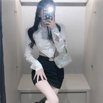 A字短裙水鉆鏈條超高腰時尚套裝
