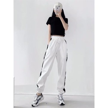 爵士舞蹈白色運動褲女2024春秋薄款寬松休閑褲束腳高腰顯瘦速干褲