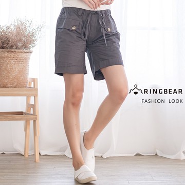 率性後仿木扣翻折口袋綁帶鬆緊褲頭中腰短褲(黑.灰.咖M-6L) 眼圈熊 中大尺碼 R19