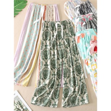 夏季碎花綿綢家居褲2024新款可外穿透氣寬松舒適慵懶空調睡褲 B23