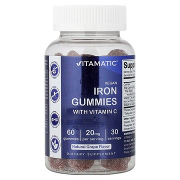 Vitamatic, 含維生素 C 的全素食鐵質軟糖，天然葡萄味，60 粒