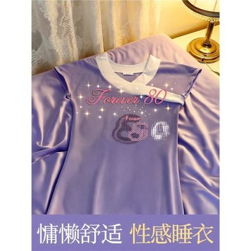 歐美鑲鉆印花睡裙無袖女家居服休閑連衣裙子寬松拼色圓領性感睡衣