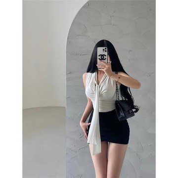 YoungGirlDay純欲辣妹性感蕩領飄帶修身顯瘦褶皺收腰無袖背心上衣