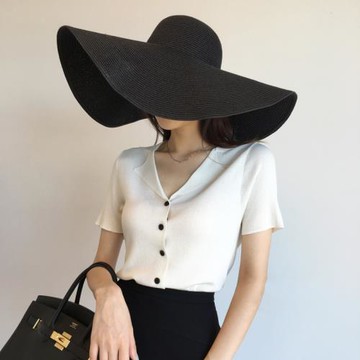 法式！極簡大牌氣質顯瘦翻領排扣短袖冰麻針織衫 開衫外套女 夏季