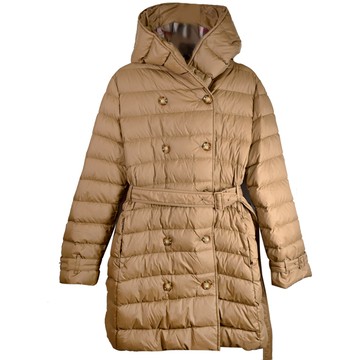 BURBERRY 8091114 WITLEY 繫腰帶連帽款中長版羽絨外套.咖