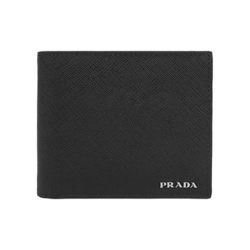 PRADA 銀字Logo 防刮皮革對開8卡短夾(黑色)