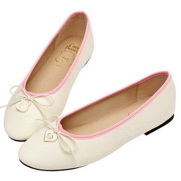 【Grace Gift】CareBears-鑽石小熊蝴蝶結平底芭蕾舞鞋 米白