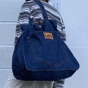 韓國ins單肩包女大容量托特包藍色復古牛仔包帆布包學生上課包包