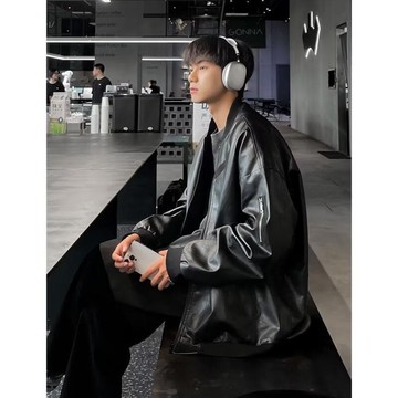 優品48h出貨丶黑色機車皮衣外套男春秋季新款美式復古痞帥潮流大碼寬鬆休閒夾克