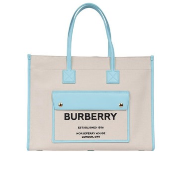 BURBERRY Freya 棉質帆布中款托特包(自然色天藍色)