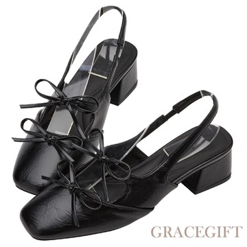 【Grace Gift】氣質方頭雙蝴蝶結瑪莉珍後空跟鞋 黑
