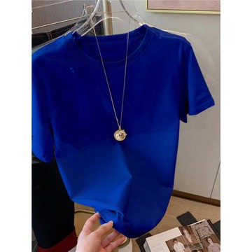 2025年夏季新款克萊因藍正肩短袖t恤女純棉純色百搭減齡顯白上衣