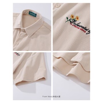 From Mars閃閃向日葵 日系原宿風刺繡燈芯絨襯衫男女寬松短袖襯衣