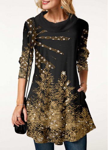 Cowl Neck Curved Hem Tree Print T Shirt