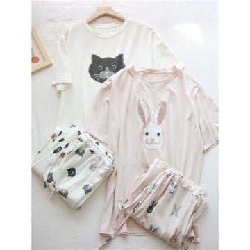 可愛卡通兔子莫代爾棉睡衣女士夏季舒適柔軟短袖長褲圓領學生套裝