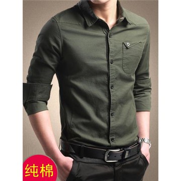 春季軍旅風戶外工裝男裝長袖襯衫休閑襯衣男士商務修身潮純色口袋