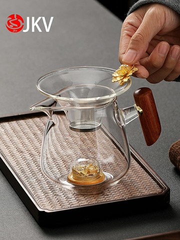 jkv玻璃公道杯茶漏一體套裝鑲銅公杯分茶器厚茶海倒茶杯茶具配件