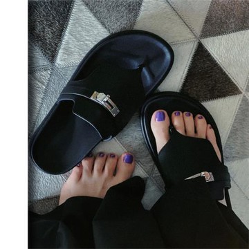 羊皮版~英倫小金扣真皮厚底一字半拖鞋女夏夾腳人字拖松糕涼拖鞋