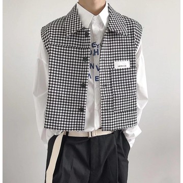 韓版春秋新品復古格子背心男 無袖單排扣馬甲上衣男
