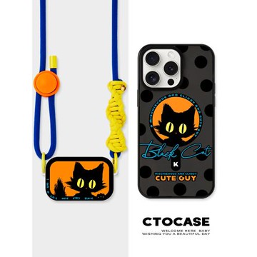 原創【炸毛咪咪】磁吸手機殼適用蘋果16ProMax夏日黑色殼14鏡面15背夾殼防摔iphone13創意貓貓可背帶斜跨掛繩