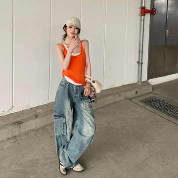 S-XL 實拍 彎刀牛仔工裝褲女 美式復古闊腿褲 寬鬆直筒拖地褲長褲潮 日常休閒逛街穿搭高腰顯瘦顯高香蕉褲 小個子友好