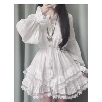 白色超仙收腰顯瘦長袖連衣裙女秋冬季蓬蓬蛋糕裙氣質甜美小白裙子