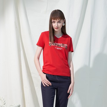 CLL巧玲瓏 兩側抓皺字母燙鑽V領上衣 7263901